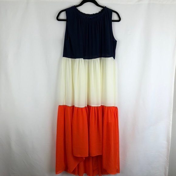 Navy, Cream and Orange Tiered Full Maxi Dress